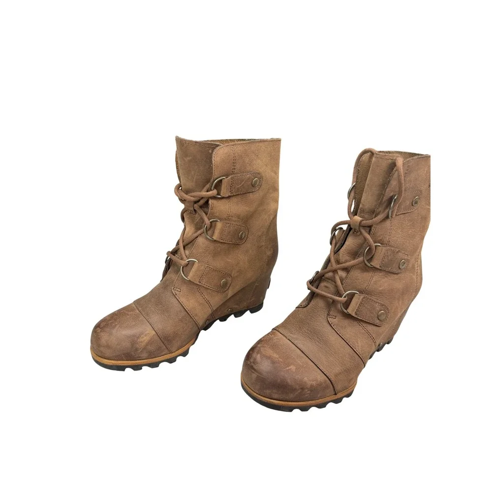 Sorel‎ Joan of Arctic Wedge II Brown Leather Lace Up Ankle Boots Womens 8 NL2305